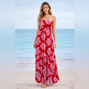 Abel the Label Red Floral Strapless Maxi Dress Size Small
